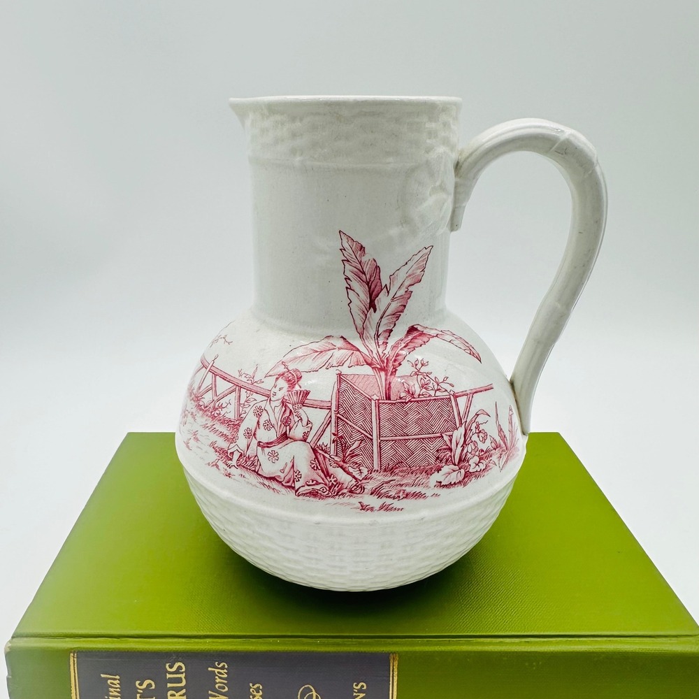 Unmarked Ironstone Red Transferware Chinoiserie Pitcher White Ceramic 7‎ inch